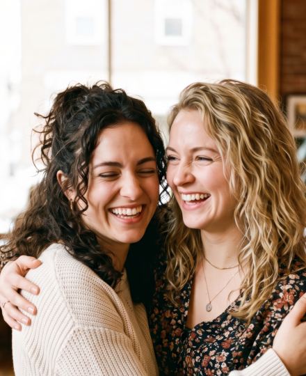 Deux amies qui rient en se serrant dans les bras